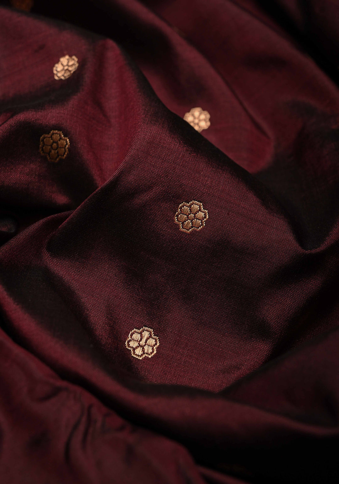 Maroon Katan Silk Handloom Saree with Chunri Buttis and Contrast Zari Border | SILK MARK CERTIFIED | SHOBITAM