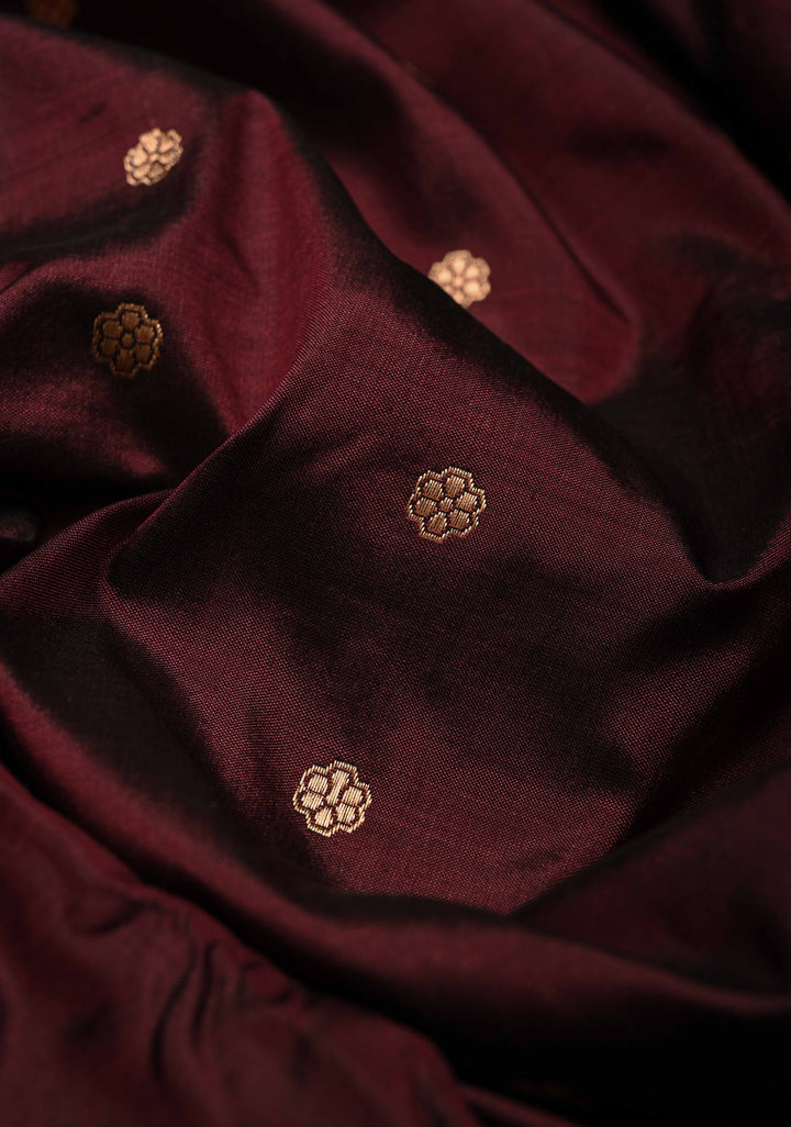 Maroon Katan Silk Handloom Saree with Chunri Buttis and Contrast Zari Border | SILK MARK CERTIFIED | SHOBITAM
