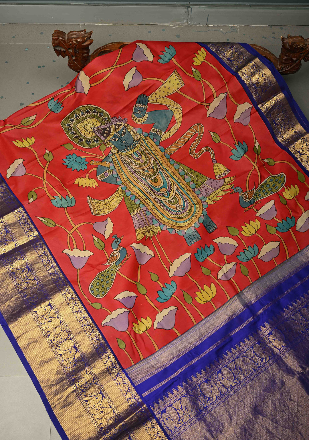 Pichwai and Srinathji Theme : Authentic Pen Kalamkari Handpainted on Pure Kanjivaram Silk Saree with Contrast Zari Border | SILK MARK CERTIFIED | SHOBITAM