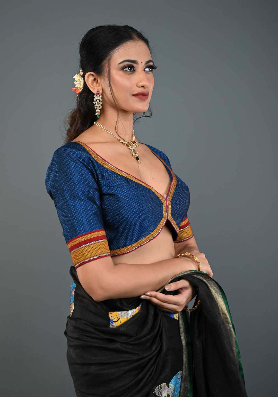 Blue-Black Khana Silk Blouse with V Neck and Cutout Design on Back, Customizable, Made to Order
