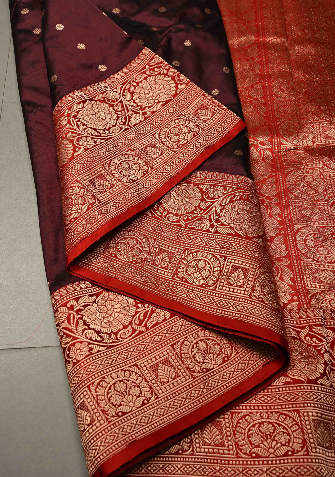 Maroon Katan Silk Handloom Saree with Chunri Buttis and Contrast Zari Border | SILK MARK CERTIFIED | SHOBITAM