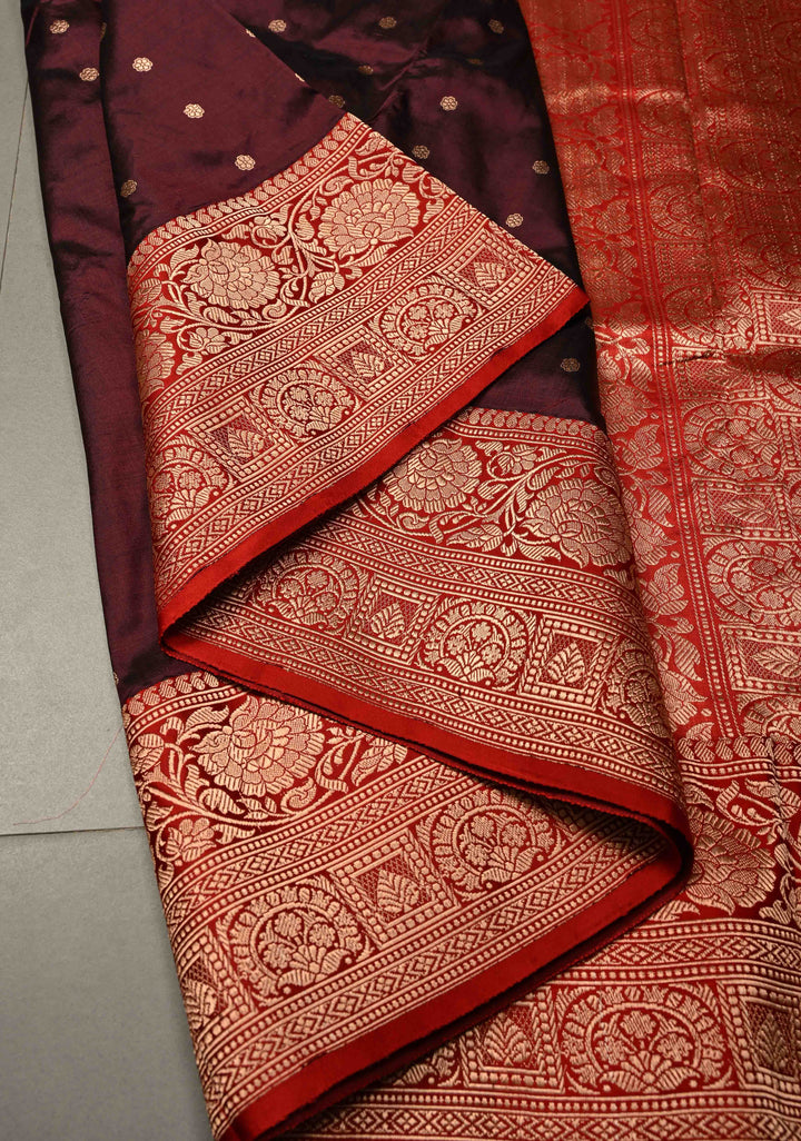 Maroon Katan Silk Handloom Saree with Chunri Buttis and Contrast Zari Border | SILK MARK CERTIFIED | SHOBITAM