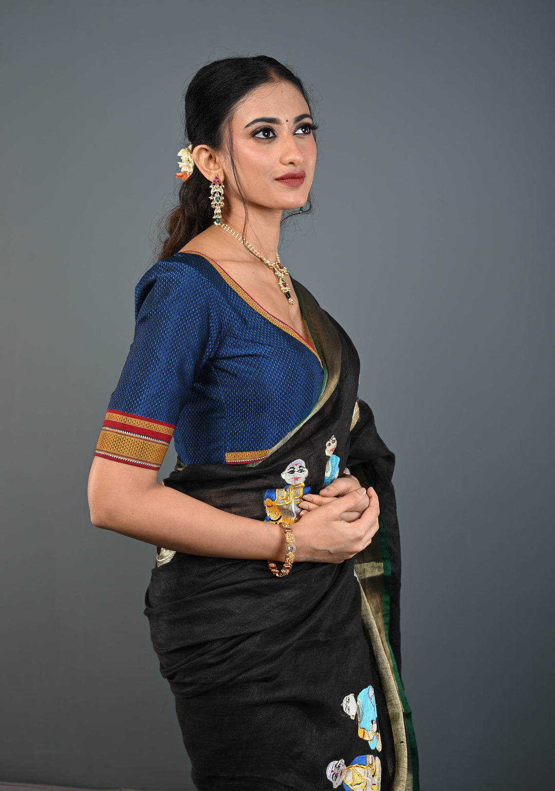 Blue-Black Khana Silk Blouse with V Neck and Cutout Design on Back, Customizable, Made to Order