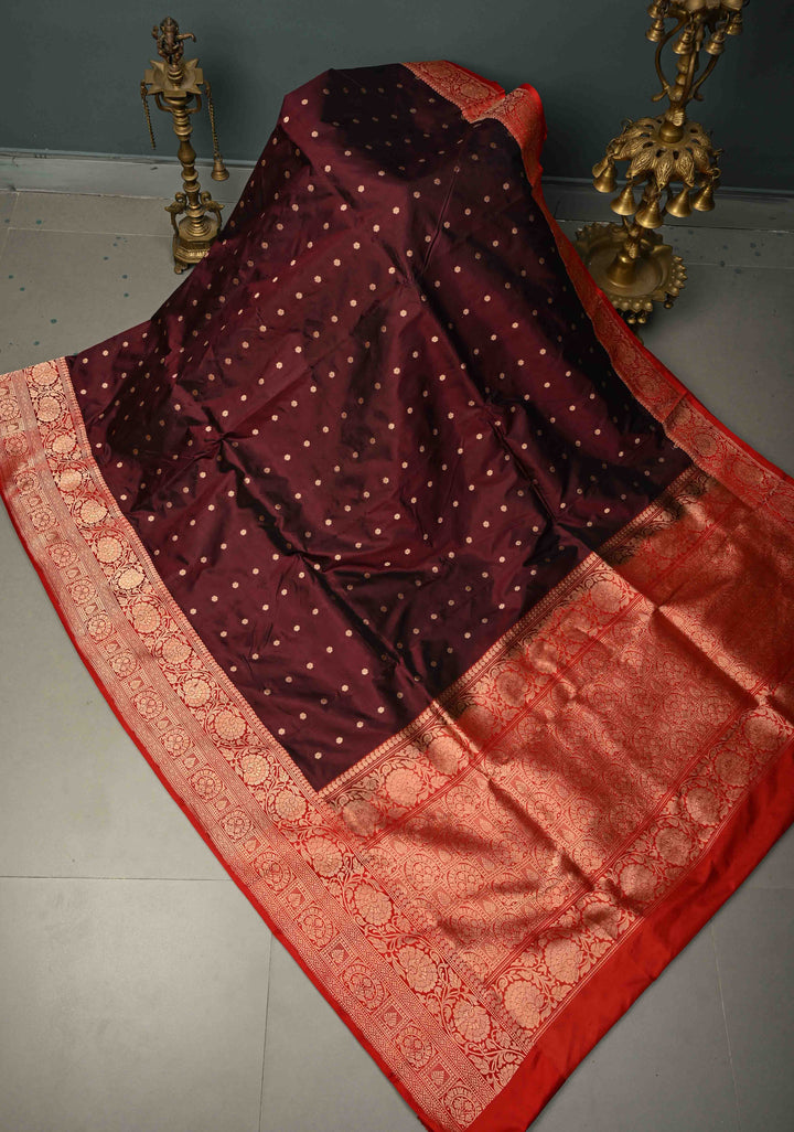 Maroon Katan Silk Handloom Saree with Chunri Buttis and Contrast Zari Border | SILK MARK CERTIFIED | SHOBITAM