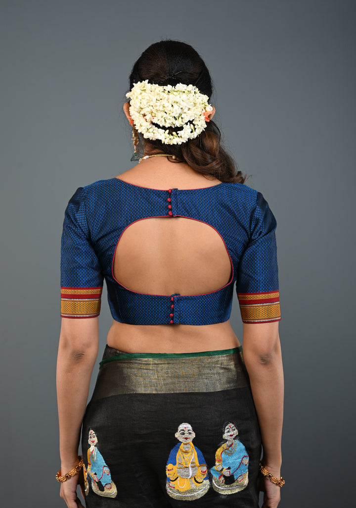 Blue-Black Khana Silk Blouse with V Neck and Cutout Design on Back, Customizable, Made to Order