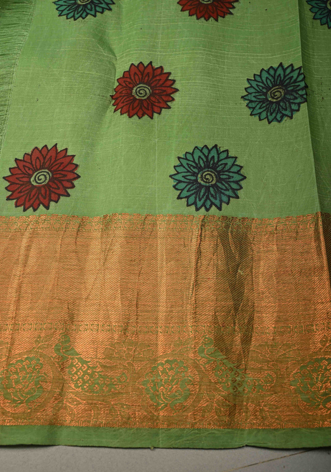 Floral Theme :  Pastel Green Kalamkari on Pure Kanjivaram Silk Saree with Contrast Zari Border | SILK MARK CERTIFIED | SHOBITAM