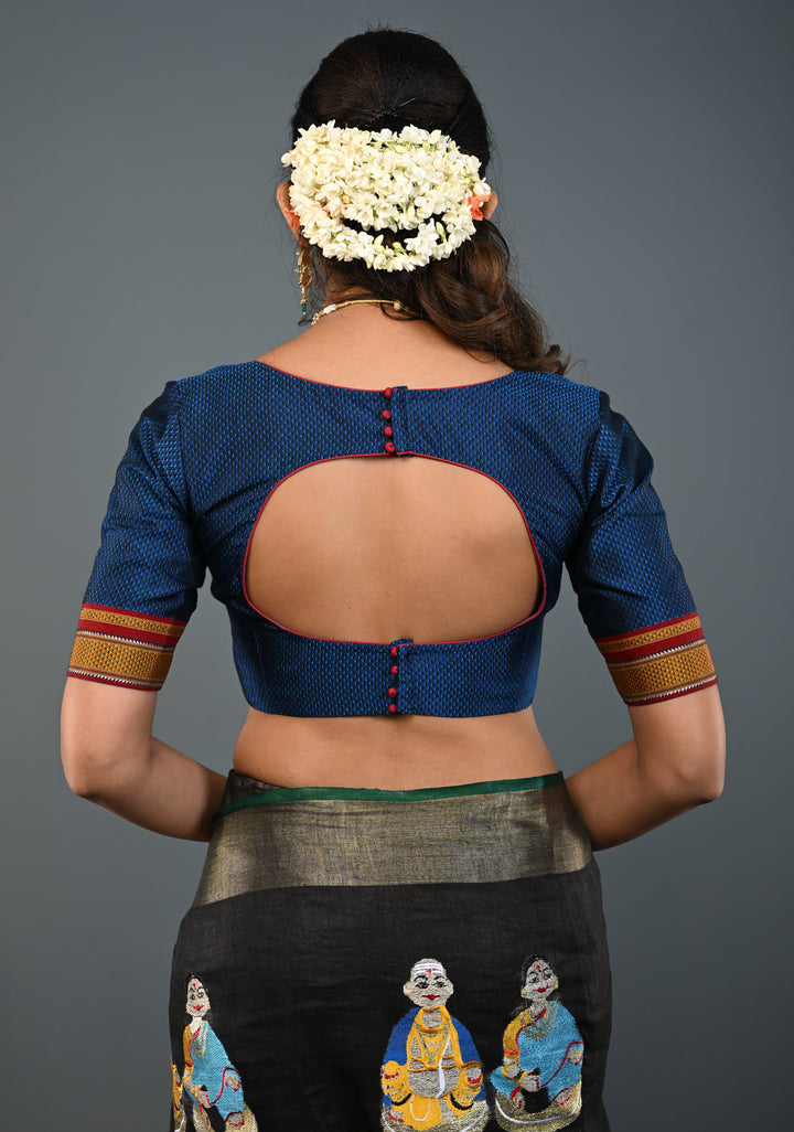 Blue-Black Khana Silk Blouse with V Neck and Cutout Design on Back, Customizable, Made to Order