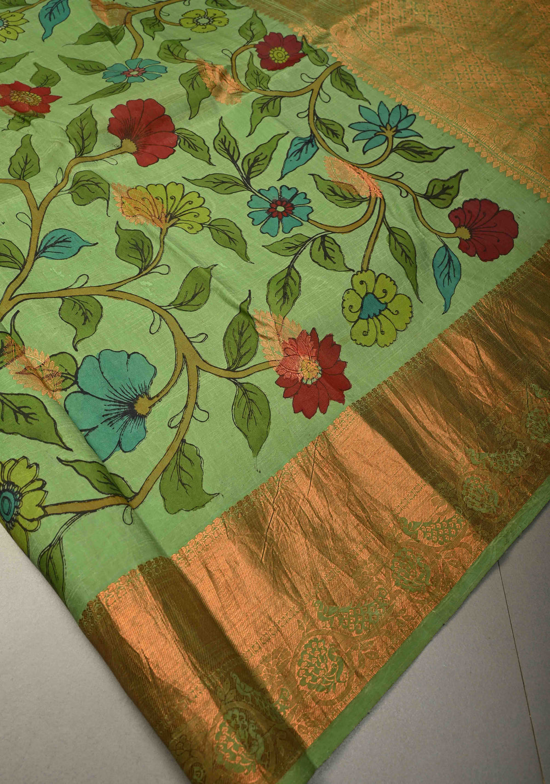 Floral Theme :  Pastel Green Kalamkari on Pure Kanjivaram Silk Saree with Contrast Zari Border | SILK MARK CERTIFIED | SHOBITAM
