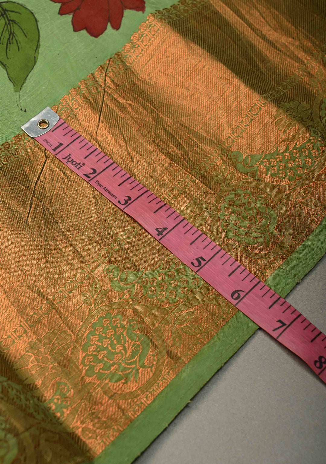 Floral Theme :  Pastel Green Kalamkari on Pure Kanjivaram Silk Saree with Contrast Zari Border | SILK MARK CERTIFIED | SHOBITAM