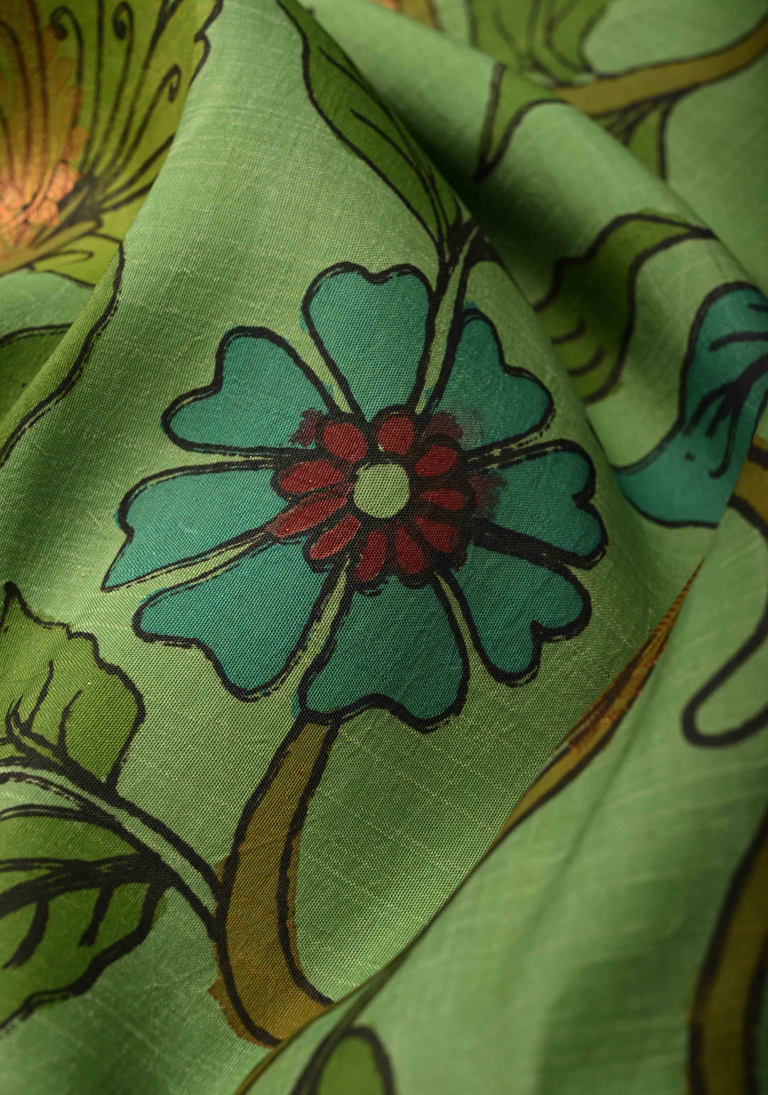 Floral Theme :  Pastel Green Kalamkari on Pure Kanjivaram Silk Saree with Contrast Zari Border | SILK MARK CERTIFIED | SHOBITAM