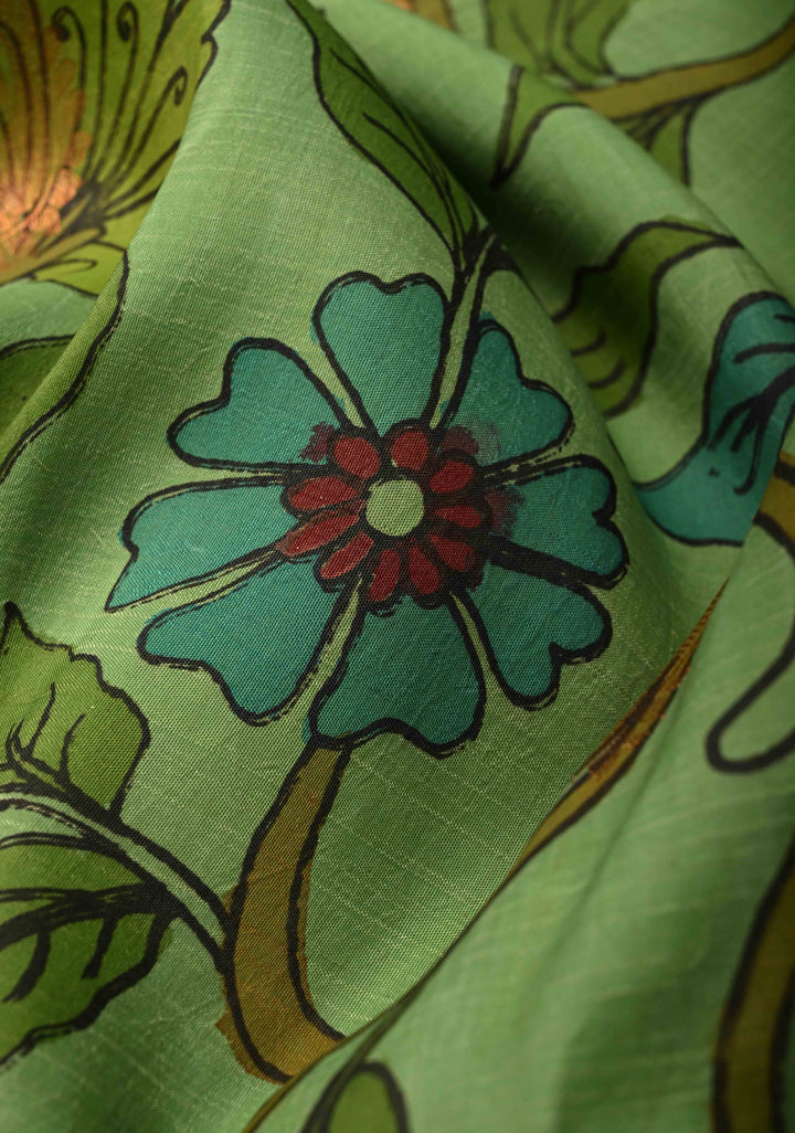 Floral Theme :  Pastel Green Kalamkari on Pure Kanjivaram Silk Saree with Contrast Zari Border | SILK MARK CERTIFIED | SHOBITAM