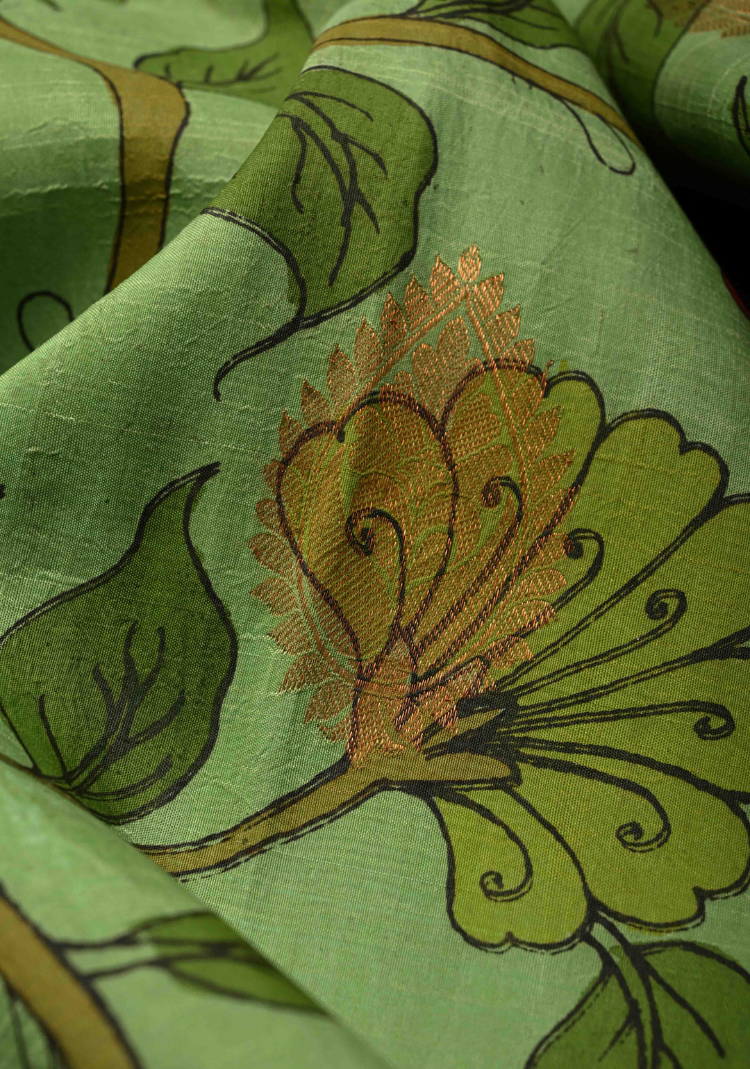 Floral Theme :  Pastel Green Kalamkari on Pure Kanjivaram Silk Saree with Contrast Zari Border | SILK MARK CERTIFIED | SHOBITAM