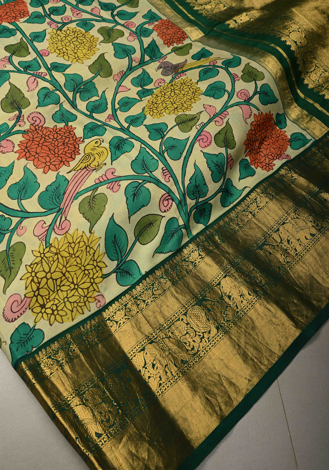 Floral Theme : Beige Authentic Pen Kalamkari Handpainted on Pure Kanjivaram Silk Saree with Contrast Zari Border | SILK MARK CERTIFIED | SHOBITAM