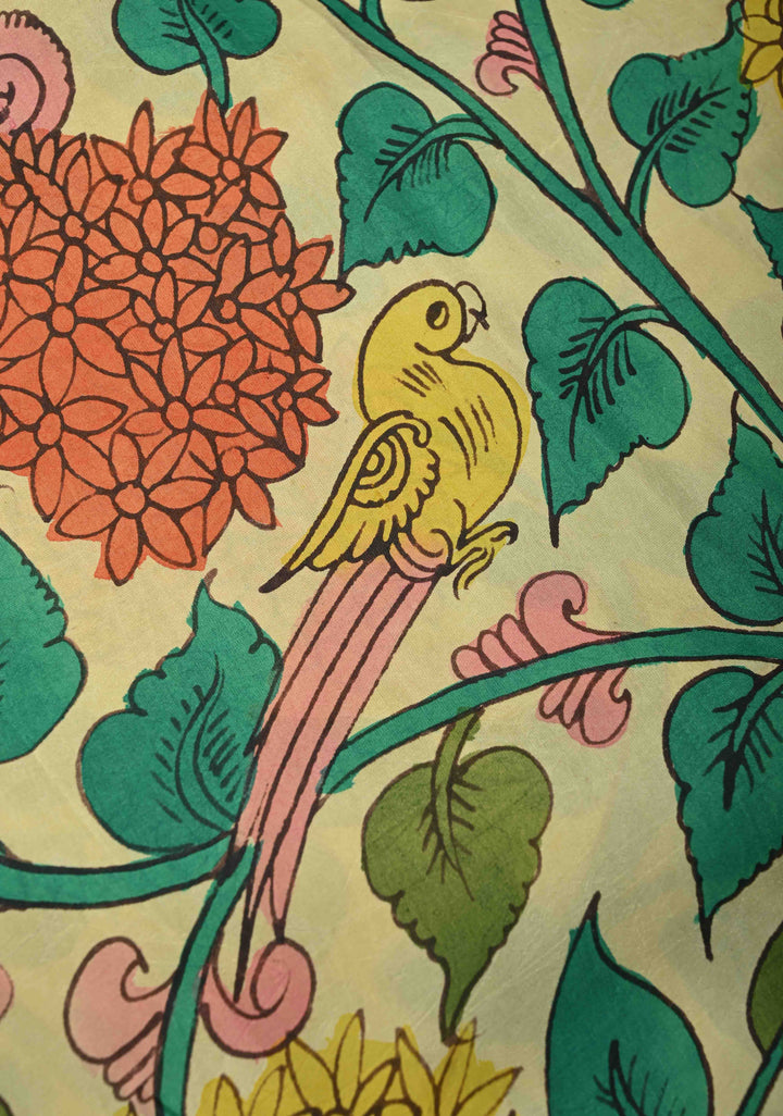 Floral Theme : Beige Authentic Pen Kalamkari Handpainted on Pure Kanjivaram Silk Saree with Contrast Zari Border | SILK MARK CERTIFIED | SHOBITAM