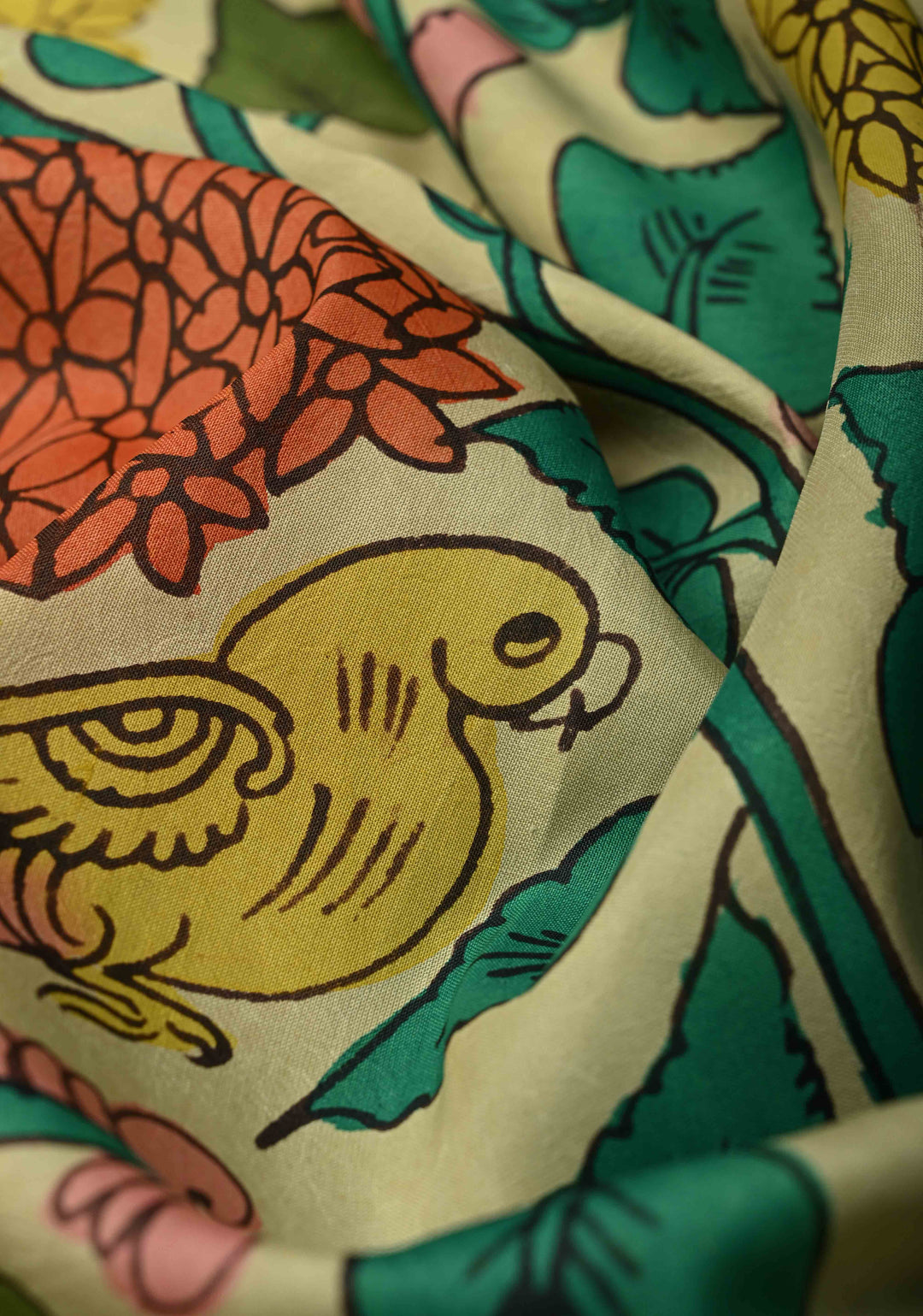 Floral Theme : Beige Authentic Pen Kalamkari Handpainted on Pure Kanjivaram Silk Saree with Contrast Zari Border | SILK MARK CERTIFIED | SHOBITAM