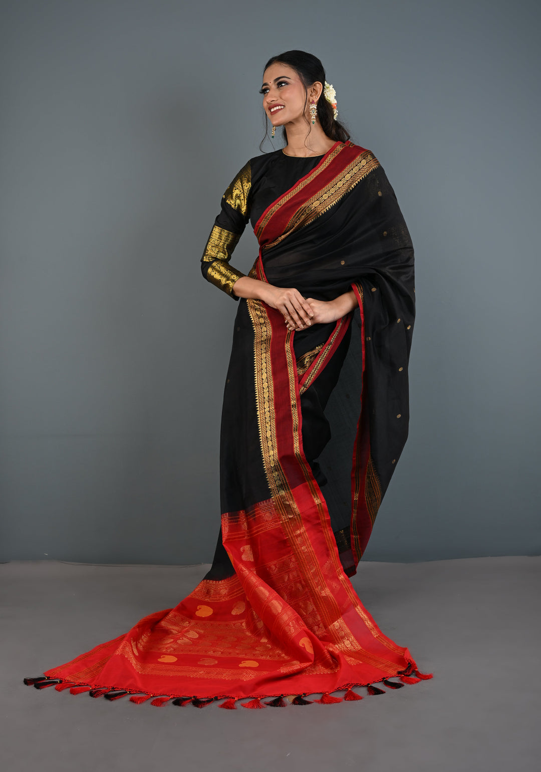 Preorder : Black Kanchi Silk Cotton Handloom Saree with Polka Buttas and Contrast Zari Border