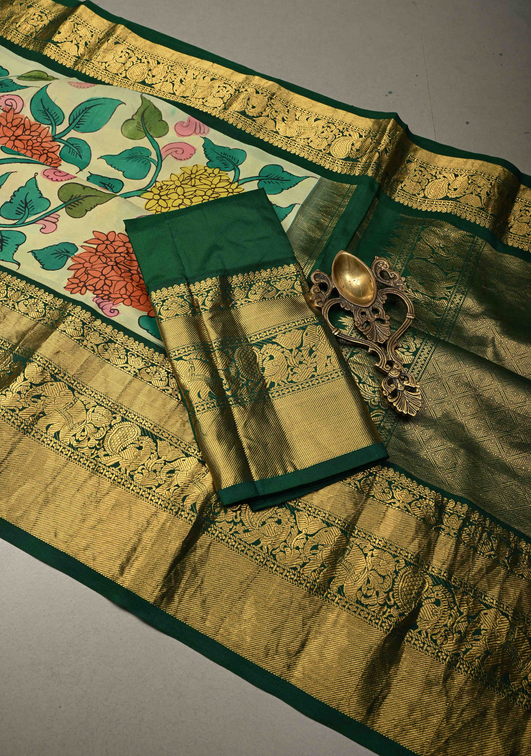 Floral Theme : Beige Authentic Pen Kalamkari Handpainted on Pure Kanjivaram Silk Saree with Contrast Zari Border | SILK MARK CERTIFIED | SHOBITAM