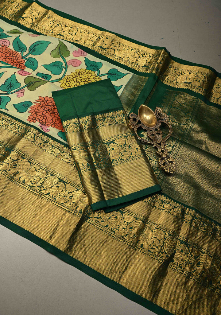Floral Theme : Beige Authentic Pen Kalamkari Handpainted on Pure Kanjivaram Silk Saree with Contrast Zari Border | SILK MARK CERTIFIED | SHOBITAM