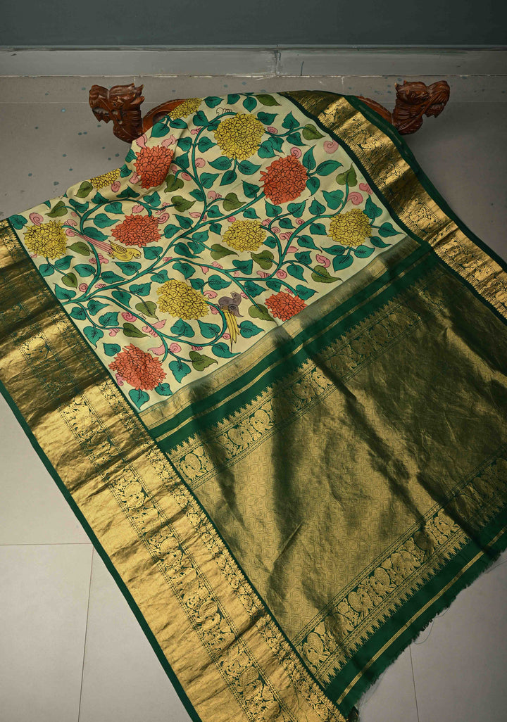 Floral Theme : Beige Authentic Pen Kalamkari Handpainted on Pure Kanjivaram Silk Saree with Contrast Zari Border | SILK MARK CERTIFIED | SHOBITAM