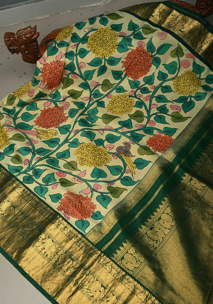 Floral Theme : Beige Authentic Pen Kalamkari Handpainted on Pure Kanjivaram Silk Saree with Contrast Zari Border | SILK MARK CERTIFIED | SHOBITAM