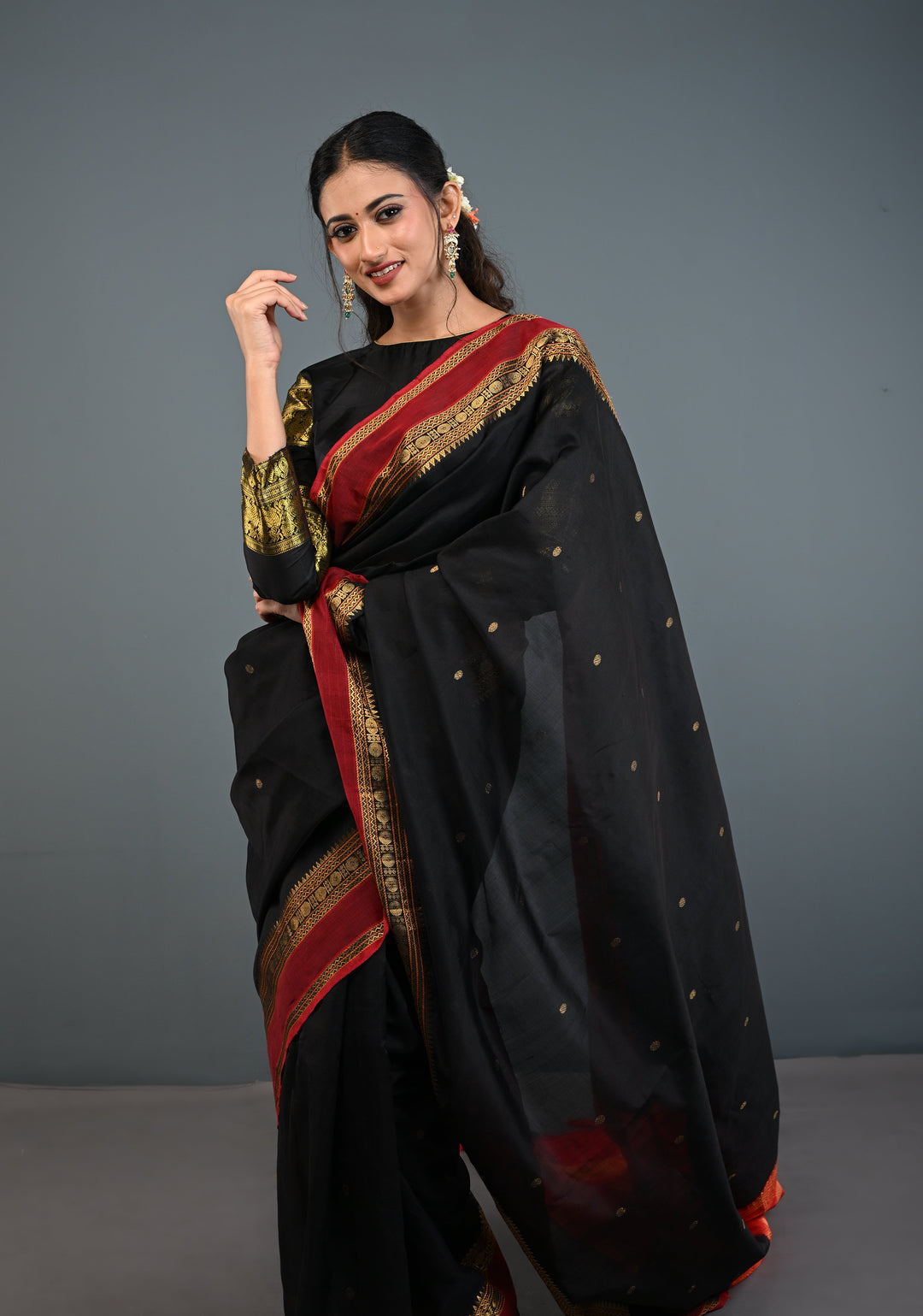 Preorder : Black Kanchi Silk Cotton Handloom Saree with Polka Buttas and Contrast Zari Border