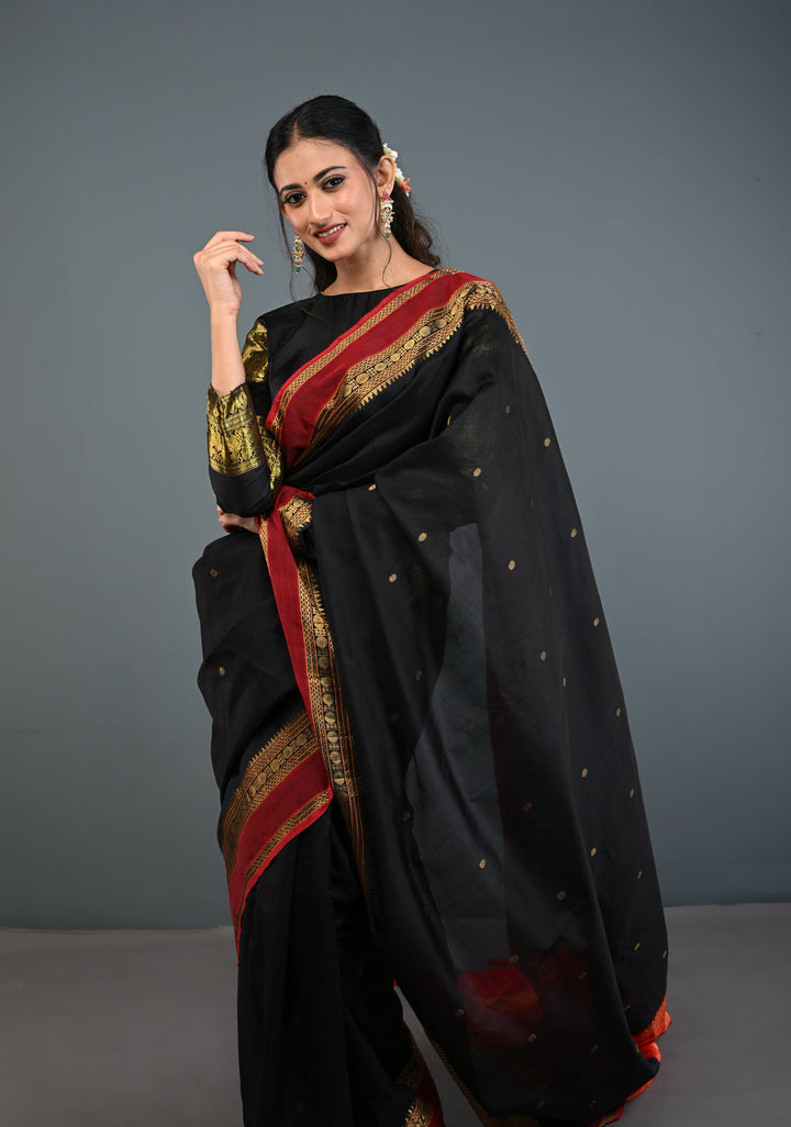 Preorder : Black Kanchi Silk Cotton Handloom Saree with Polka Buttas and Contrast Zari Border