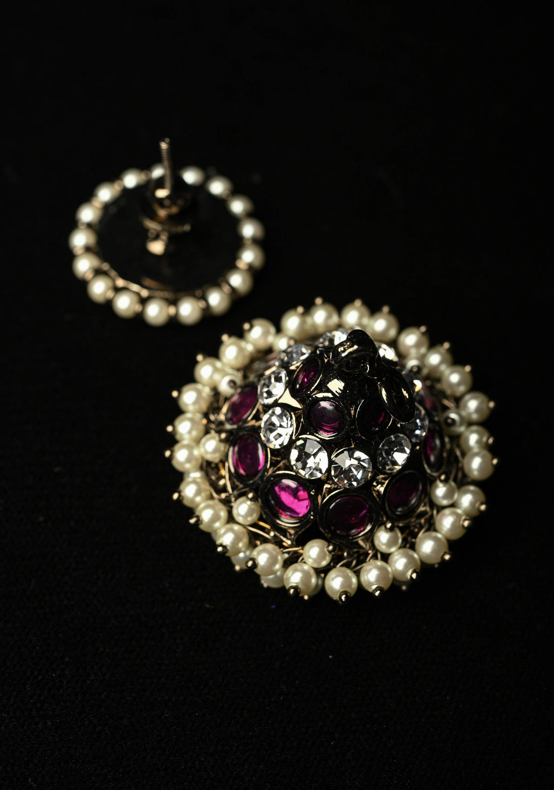 Black finish precious kemp-green pearl big jhumkka with detachable studs | SHOBITAM