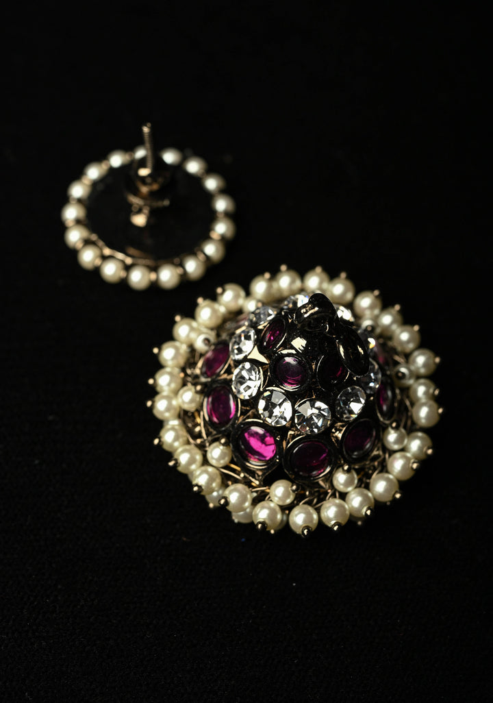 Black finish precious kemp-green pearl big jhumkka with detachable studs | SHOBITAM