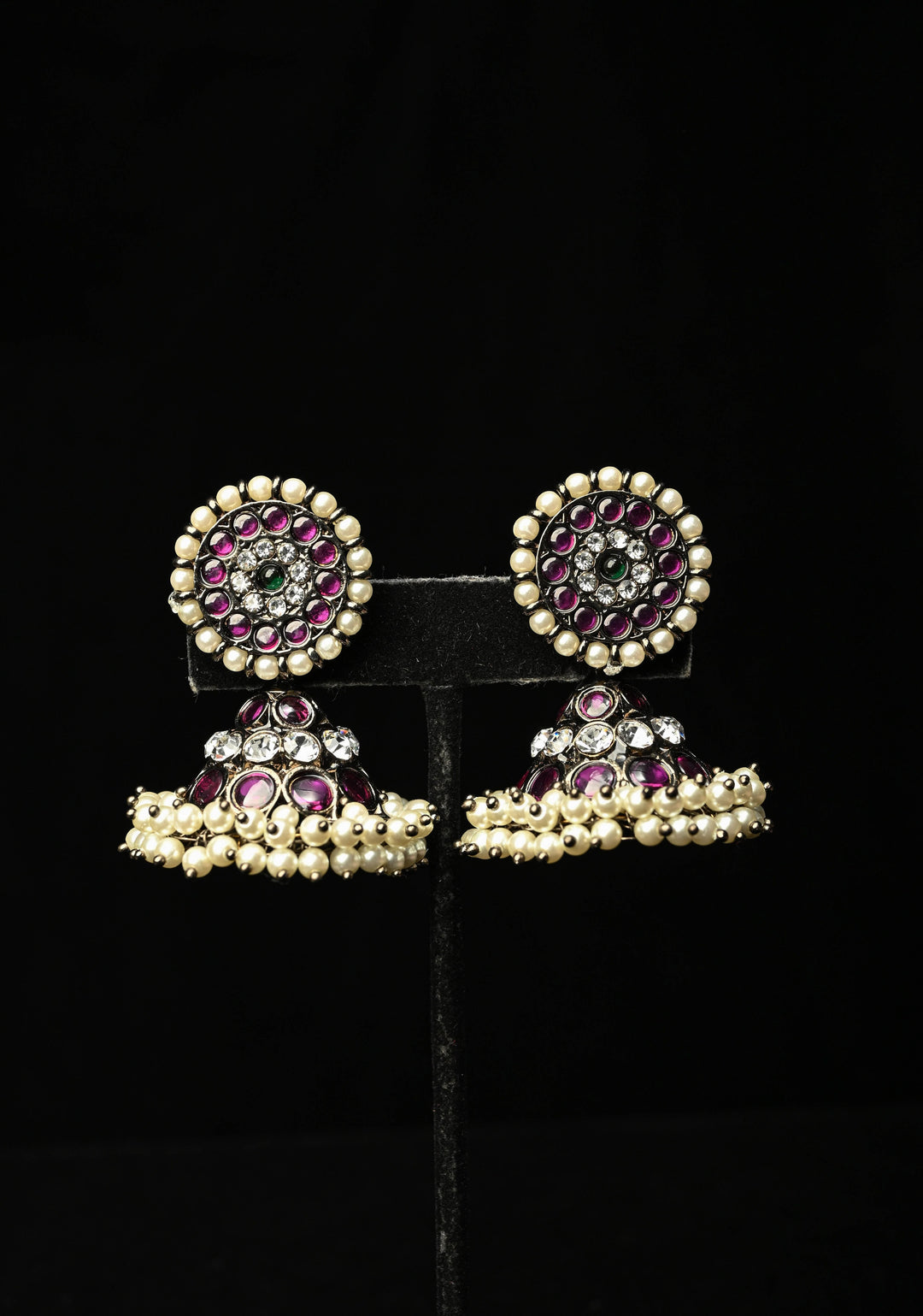 Black finish precious kemp-green pearl big jhumkka with detachable studs | SHOBITAM