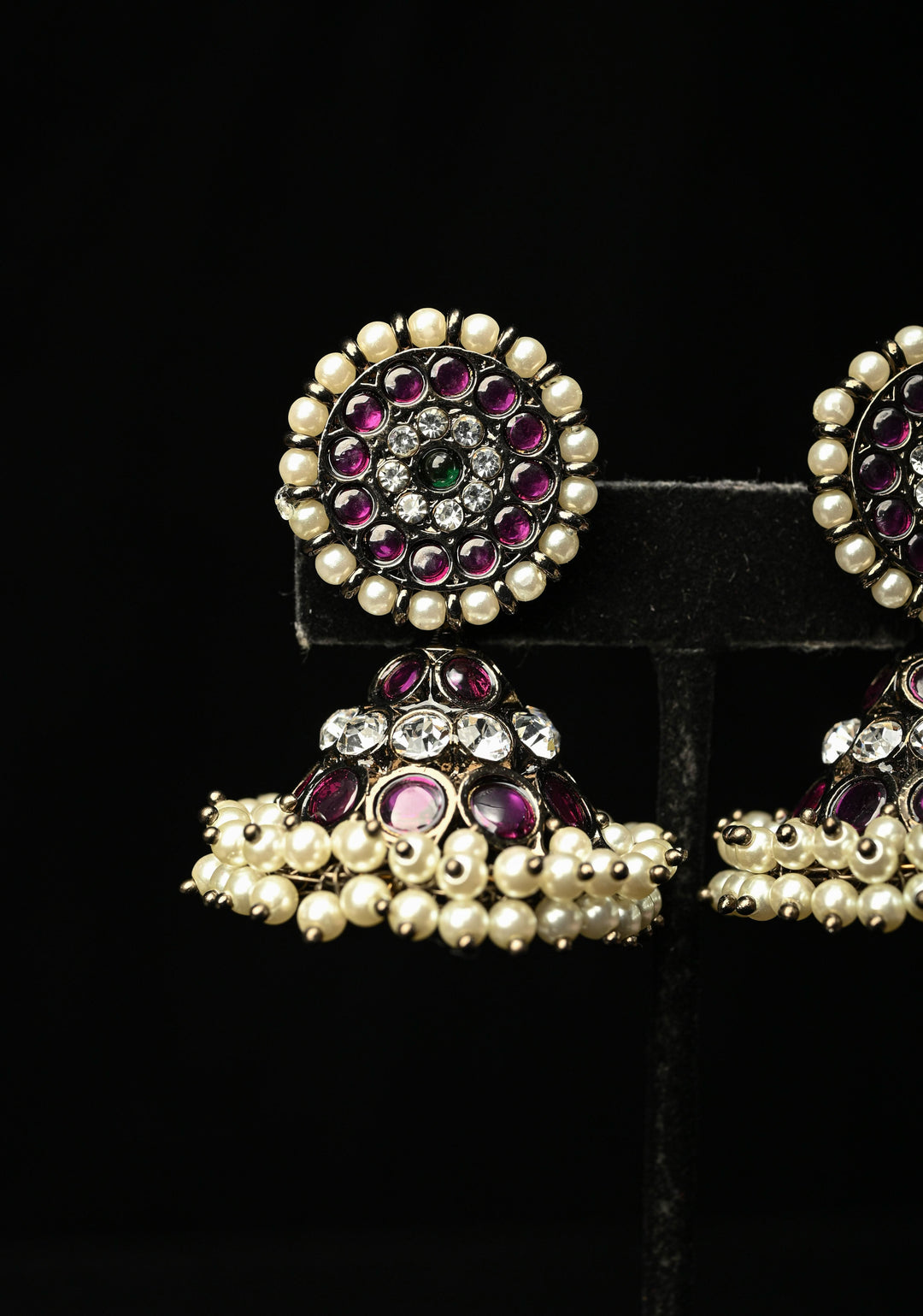 Black finish precious kemp-green pearl big jhumkka with detachable studs | SHOBITAM