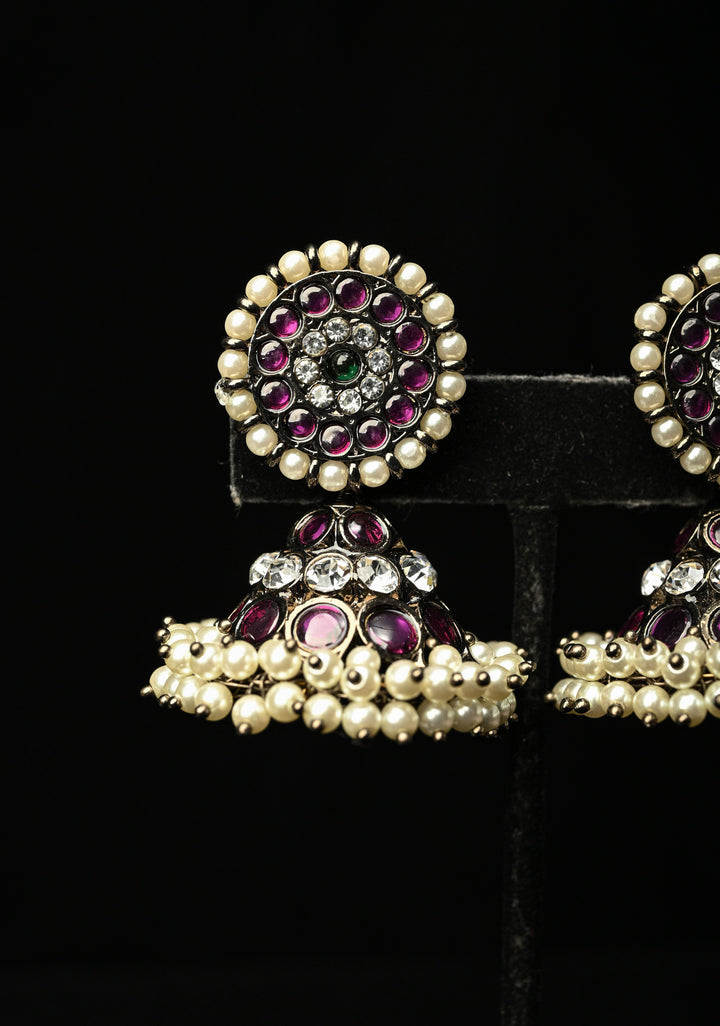 Black finish precious kemp-green pearl big jhumkka with detachable studs | SHOBITAM