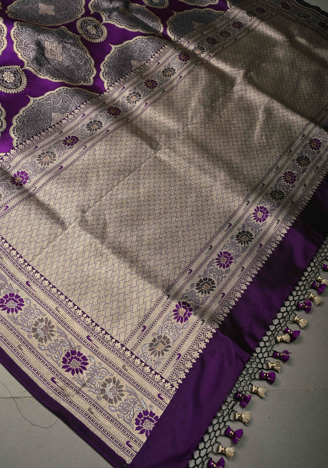 Statement Purple Banarasi Katan by Tussur Saree with Ornated Brocade and Meenakari Muniya Borders | SILK MARK CERTIFIED | SHOBITAM