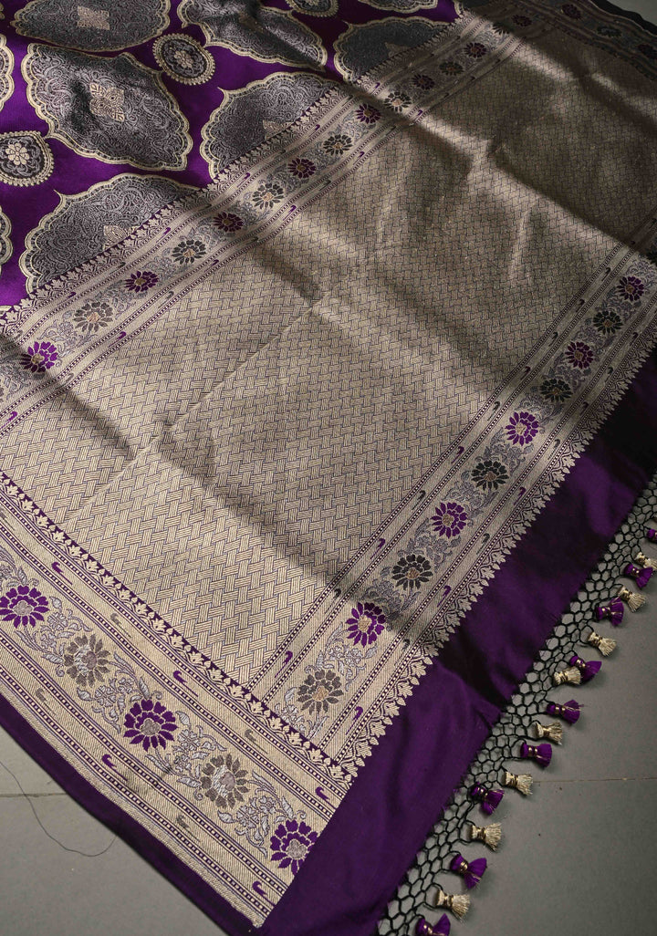 Statement Purple Banarasi Katan by Tussur Saree with Ornated Brocade and Meenakari Muniya Borders | SILK MARK CERTIFIED | SHOBITAM