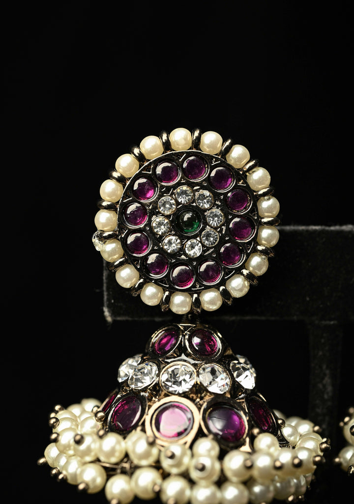 Black finish precious kemp-green pearl big jhumkka with detachable studs | SHOBITAM