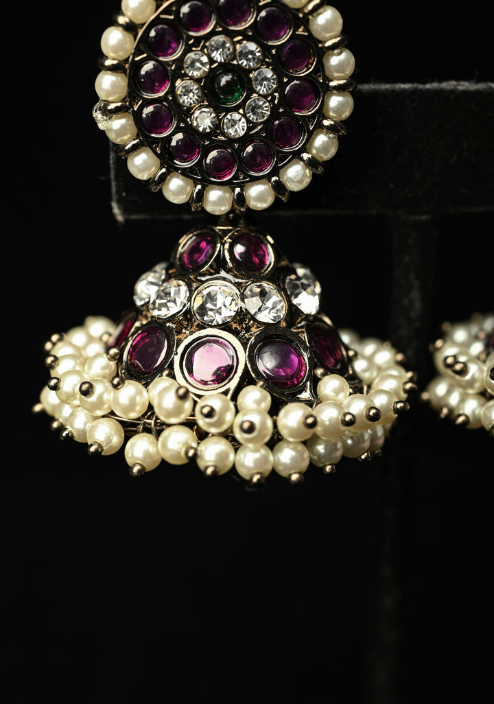 Black finish precious kemp-green pearl big jhumkka with detachable studs | SHOBITAM