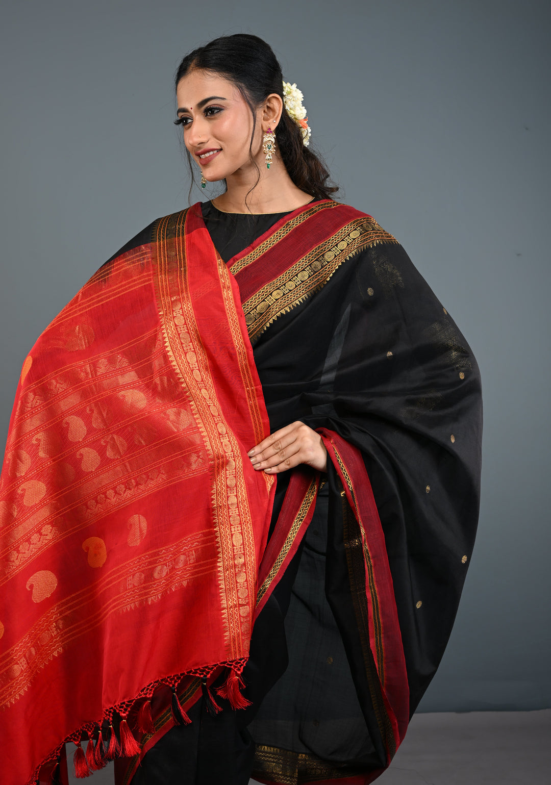 Preorder : Black Kanchi Silk Cotton Handloom Saree with Polka Buttas and Contrast Zari Border