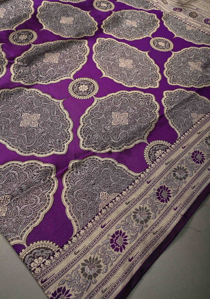 Statement Purple Banarasi Katan by Tussur Saree with Ornated Brocade and Meenakari Muniya Borders | SILK MARK CERTIFIED | SHOBITAM