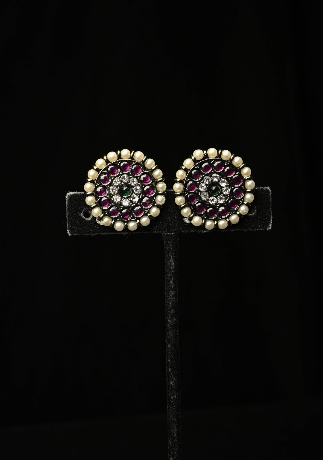 Black finish precious kemp-green pearl big jhumkka with detachable studs | SHOBITAM
