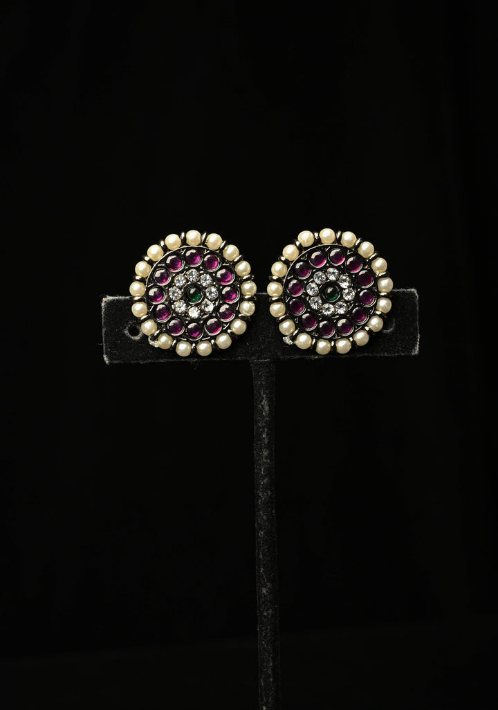 Black finish precious kemp-green pearl big jhumkka with detachable studs | SHOBITAM