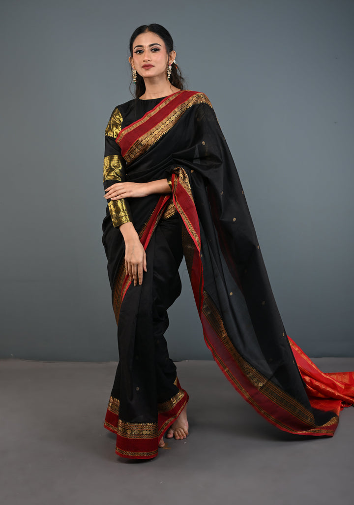 Preorder : Black Kanchi Silk Cotton Handloom Saree with Polka Buttas and Contrast Zari Border