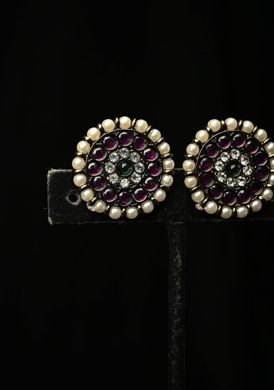 Black finish precious kemp-green pearl big jhumkka with detachable studs | SHOBITAM
