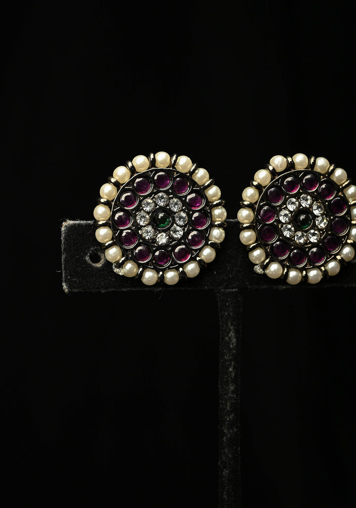 Black finish precious kemp-green pearl big jhumkka with detachable studs | SHOBITAM