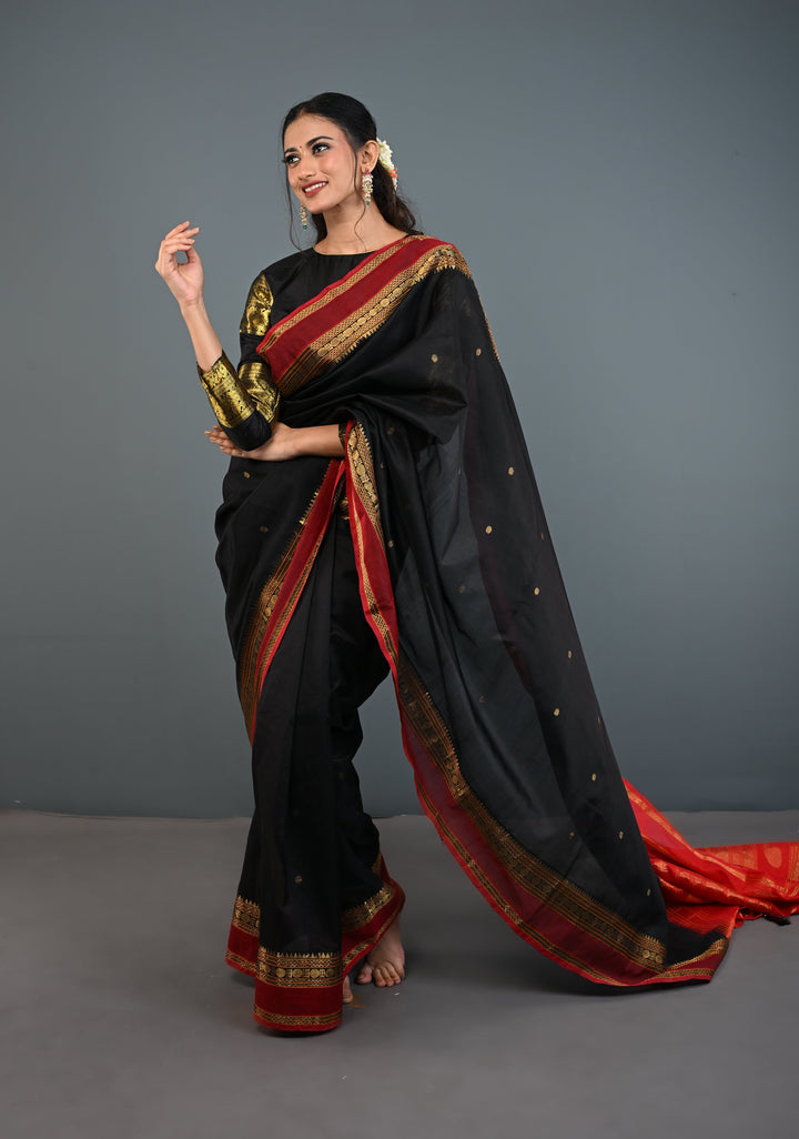 Preorder : Black Kanchi Silk Cotton Handloom Saree with Polka Buttas and Contrast Zari Border