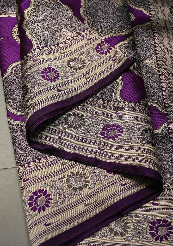 Statement Purple Banarasi Katan by Tussur Saree with Ornated Brocade and Meenakari Muniya Borders | SILK MARK CERTIFIED | SHOBITAM
