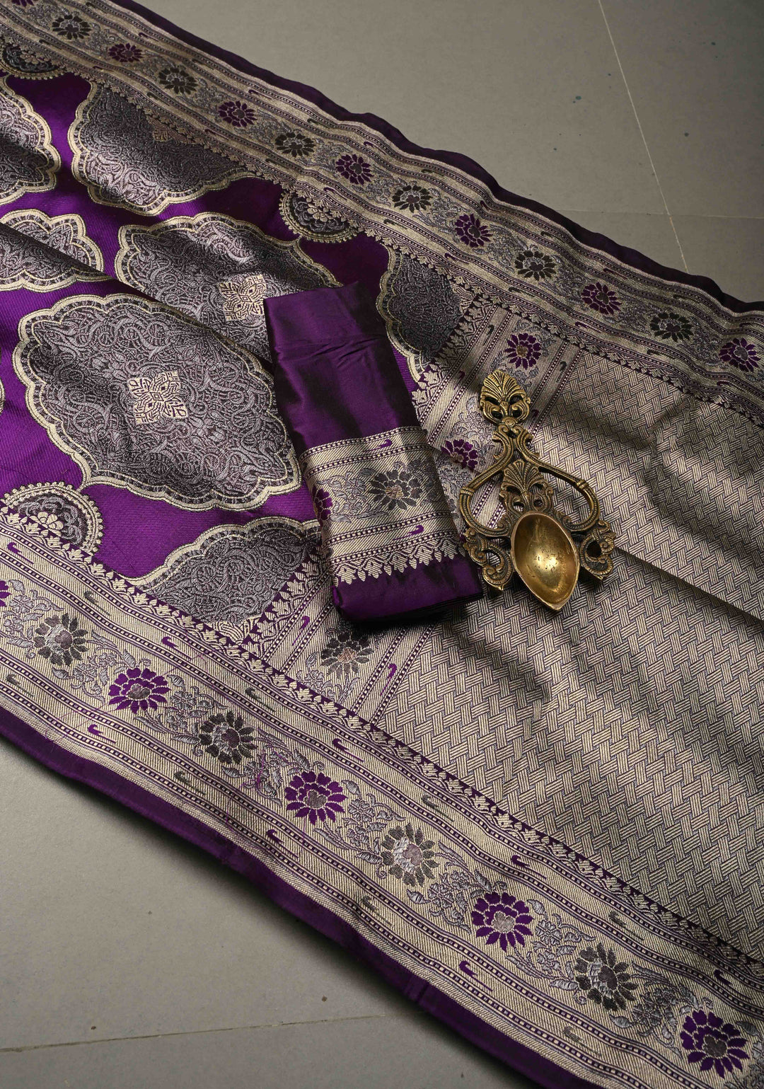 Statement Purple Banarasi Katan by Tussur Saree with Ornated Brocade and Meenakari Muniya Borders | SILK MARK CERTIFIED | SHOBITAM