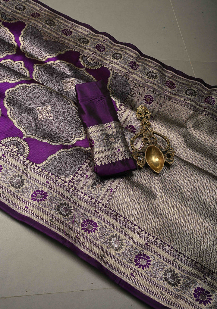 Statement Purple Banarasi Katan by Tussur Saree with Ornated Brocade and Meenakari Muniya Borders | SILK MARK CERTIFIED | SHOBITAM