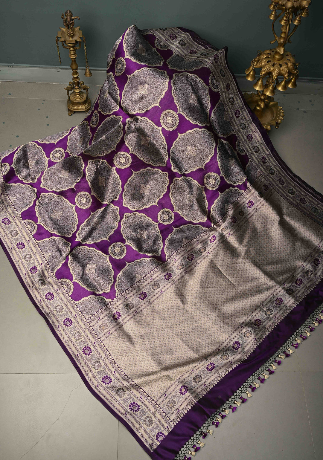 Statement Purple Banarasi Katan by Tussur Saree with Ornated Brocade and Meenakari Muniya Borders | SILK MARK CERTIFIED | SHOBITAM