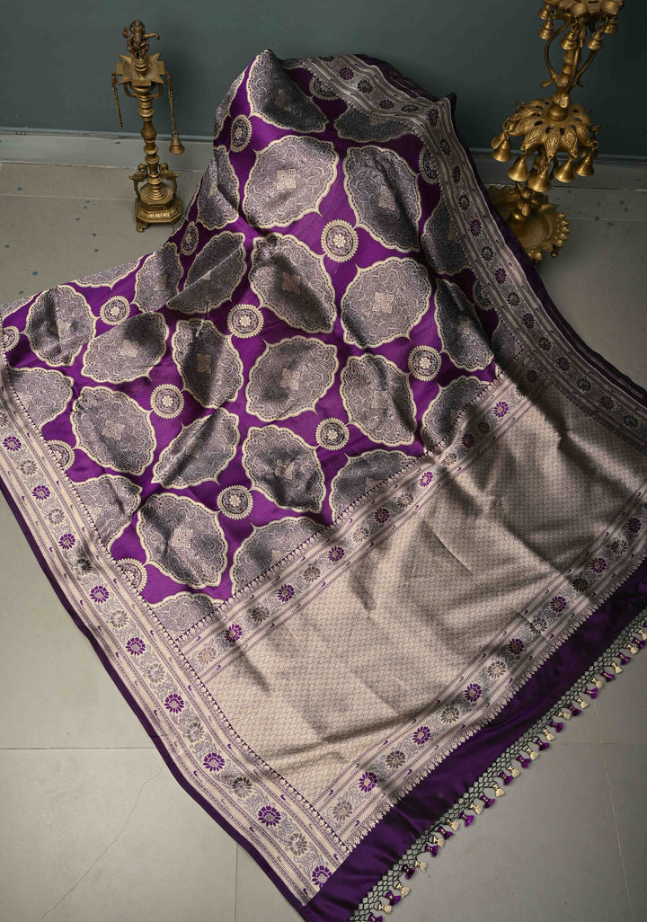 Statement Purple Banarasi Katan by Tussur Saree with Ornated Brocade and Meenakari Muniya Borders | SILK MARK CERTIFIED | SHOBITAM