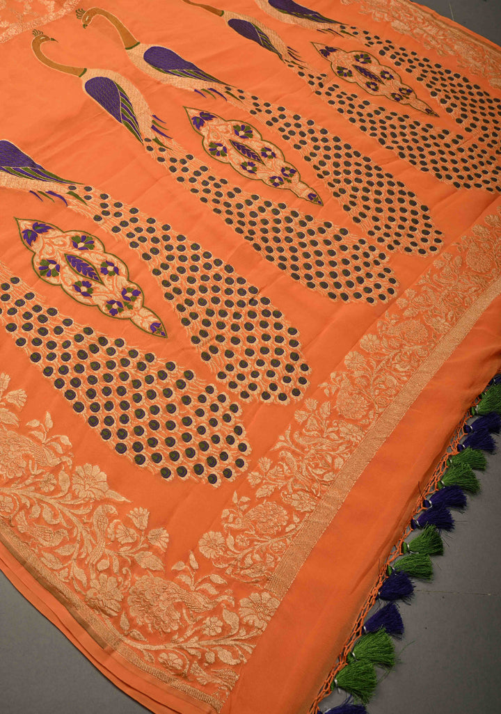 Orange Banarasi Georgette Silk Saree with Zari Jaal and Resplendent Peacock Meenakari Pallu | SILK MARK CERTIFIED | SHOBITAM