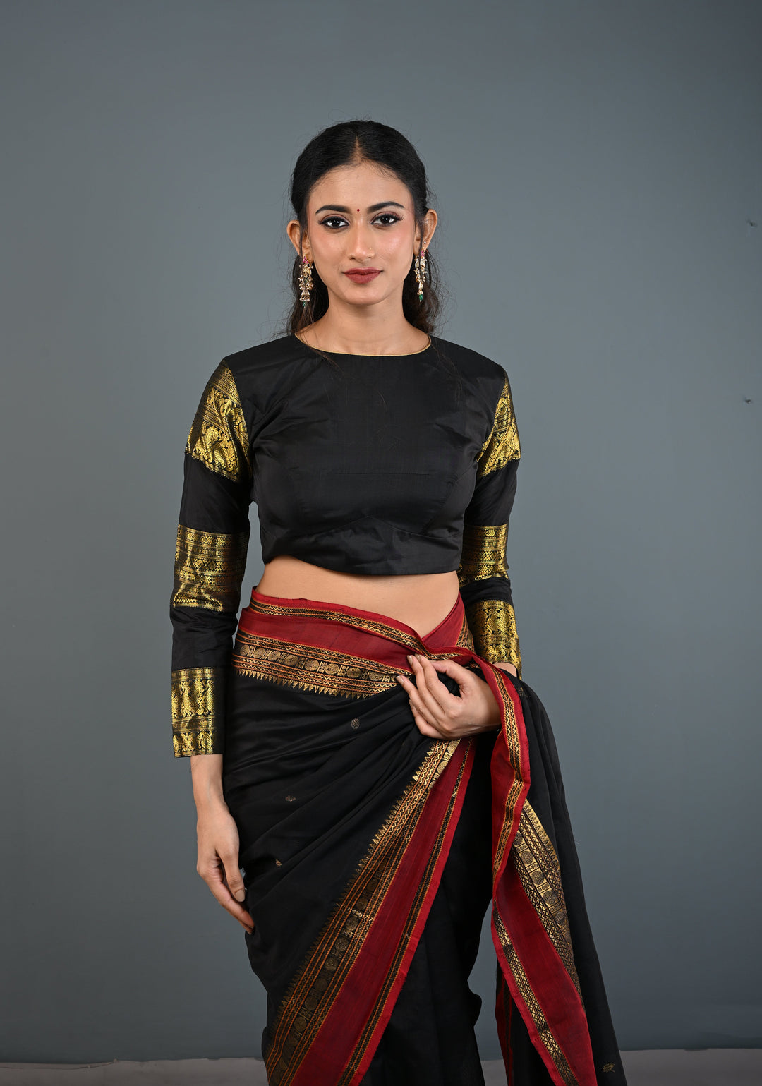 Black Pure Silk 3 Zari Panels Full Sleeves Blouse with Boat Neck and Potli Buttons, Customizable, Made to Order